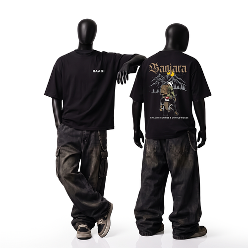 Two black mannequins showing the front and back of a black graphic t-shirt. The front features the brand name 'RAADI' in white on the chest, while the back displays a large graphic of a warrior in front of mountains with the text 'Bajajara'.